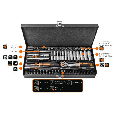 Набір інструментів Neo Tools 63шт, 1/4&quot;, CrV, металевий кейс (10-008)