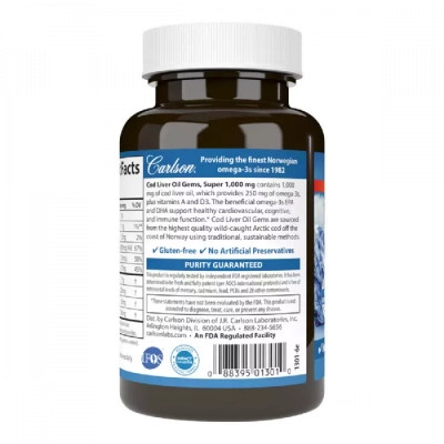 Жирні кислоти Carlson Жир із печінки Норвезької Тріски, 1000 мг, Cod Liver Oil, 10 (CAR-01301)