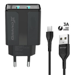 Зарядний пристрій Grand-X CH-15T 5V 2,4A 2USB Black + cable USB -&gt; Type-C (CH-15T)