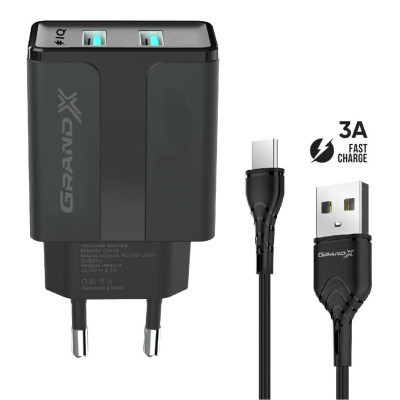 Зарядний пристрій Grand-X CH-15T 5V 2,4A 2USB Black + cable USB -&gt; Type-C (CH-15T)