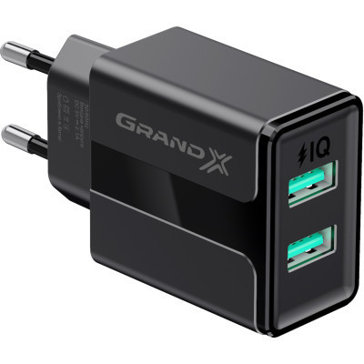 Зарядний пристрій Grand-X CH-15T 5V 2,4A 2USB Black + cable USB -&gt; Type-C (CH-15T)