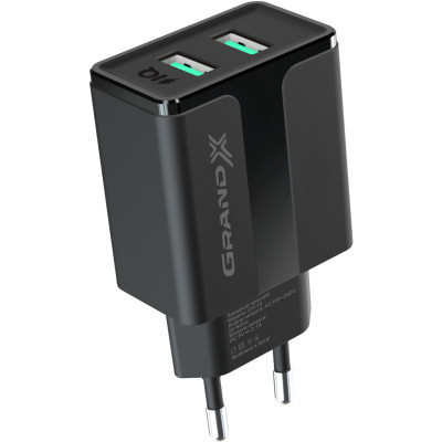 Зарядний пристрій Grand-X CH-15T 5V 2,4A 2USB Black + cable USB -&gt; Type-C (CH-15T)