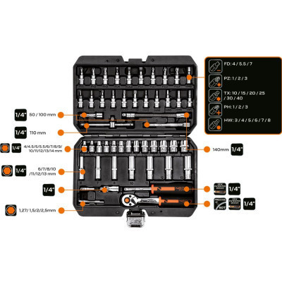 Набір інструментів Neo Tools 73шт, 1/2&quot;, 1/4&quot;, CrV, кейс (10-054)