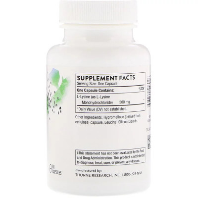 Амінокислота Thorne Research L-Лізин, L-Lysine, 60 капсул (THR-51602)