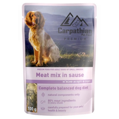 Вологий корм для собак Carpathian Pet Food м&#039;ясне асорті в соусі 100 г (4820111141142)