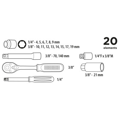 Набір інструментів Top Tools змінних головок 1/4&quot;, 3/8&quot; 20 од. (38D520)