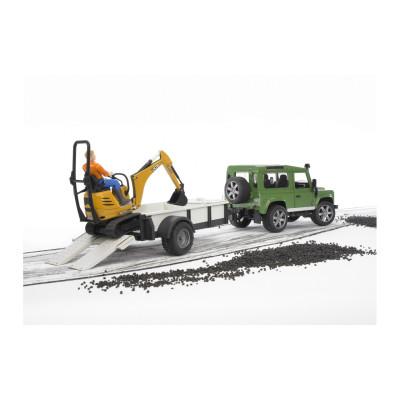 Спецтехніка Bruder автомобіль Land Rover Defender з причіпом, міні-екскаватором CAT та фігуркою (02593)