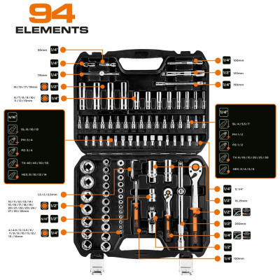 Набор инструментов Neo Tools 94шт, 1/2&quot;, 1/4&quot;, CrV, кейс (10-062)