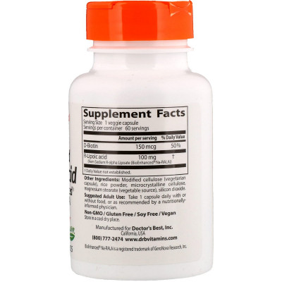 Антиоксидант Doctor&#039;s Best R-Ліпоєва кислота, R-Lipoic Acid, 100 мг, 60 капсул (DRB-00123)