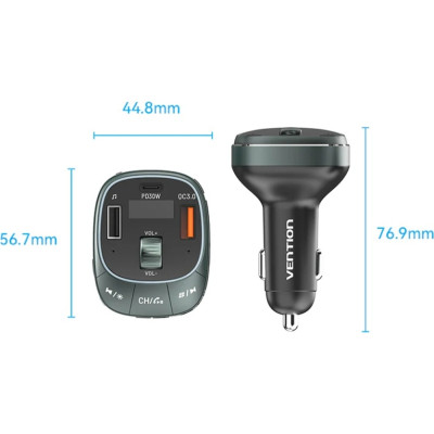 FM модулятор Vention PD 54W 3-Port USB (C+A+A) LED/USB Flash/Bluetooth, вольтметр (FFLB0)