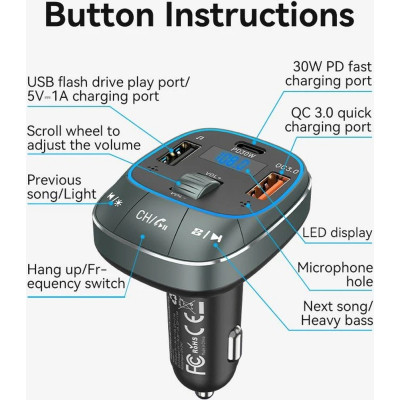 FM модулятор Vention PD 54W 3-Port USB (C+A+A) LED/USB Flash/Bluetooth, вольтметр (FFLB0)