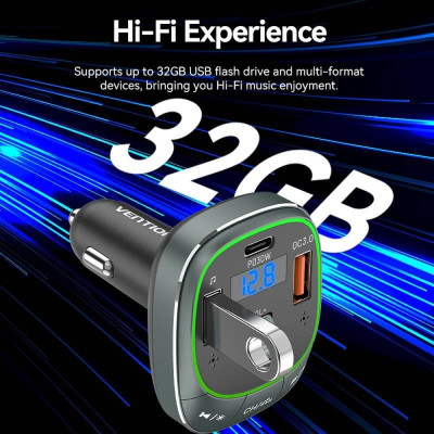 FM модулятор Vention PD 54W 3-Port USB (C+A+A) LED/USB Flash/Bluetooth, вольтметр (FFLB0)