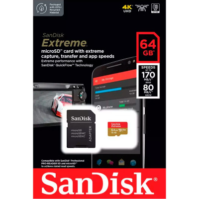 Карта пам&#039;яті SanDisk 64GB microSD class 10 UHS-I Extreme For Action Cams and Dro (SDSQXAH-064G-GN6AA)