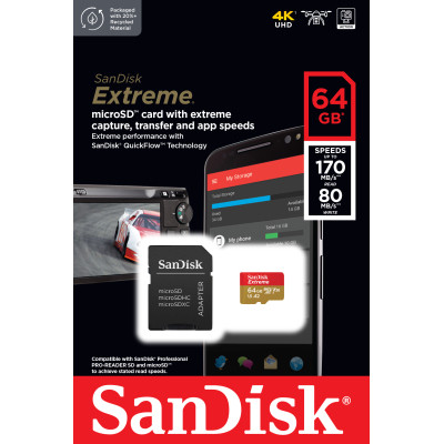 Карта пам&#039;яті SanDisk 64GB microSD class 10 UHS-I U3 Extreme (SDSQXAH-064G-GN6MA)