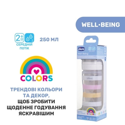 Пляшечка для годування Chicco Well-Being Colors з силіконовою соскою 2м+ 250 мл Рожева (28623.11)