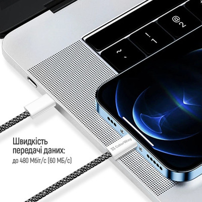 Дата кабель USB-C to USB-C 2.0m (braided cotton) (PD Fast Charging 60W) 3.0А black ColorWay (CW-CBPDCC068-BK)