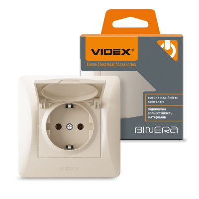 Розетка Videx BINERA 1ая із заземленням і кришкою крем (VF-BNSK1GС-CR)