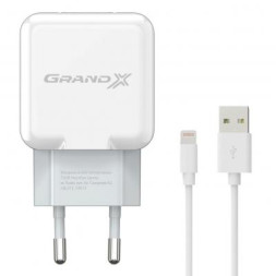 Зарядний пристрій Grand-X USB 5V 2,1A White + cable USB -&gt; Lightning, Cu (CH03LTW)