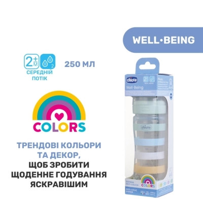 Пляшечка для годування Chicco Well-Being Colors з силіконовою соскою 2м+ 250 мл М&#039;ятна (28623.21)