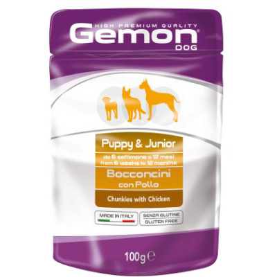 Вологий корм для собак Gemon Dog Wet Puppy&amp;Junior шматочки з куркою 100 г (8009470300636)