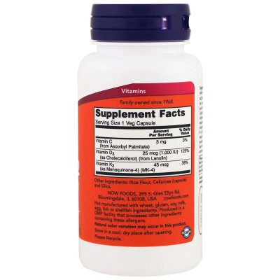 Вітамін Now Foods Вітамін D3 і К2, Vitamin D3 &amp; K-2, 1,000 ME / 45 мкг, 120 ка (NOW-00369)