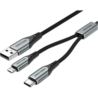 Дата кабель USB 2.0 AM to Micro 5P + Type-C 0.5m Y-Splitter 480Mbps Aluminum Alloy Gray Vention (CQGHD)