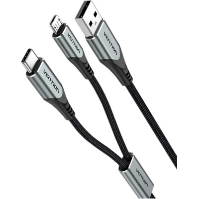 Дата кабель USB 2.0 AM to Micro 5P + Type-C 0.5m Y-Splitter 480Mbps Aluminum Alloy Gray Vention (CQGHD)
