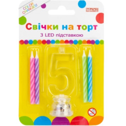 Свічка Maxi 4 шт. на торт з LED підставкою &quot;5&quot;, що світиться (MX701007-5)