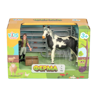 Фігурка Kids Team набір Ферма фермерка і кінь Американський пейнтхорс, чорно-біле забарвлення (Q9899-X3_3)