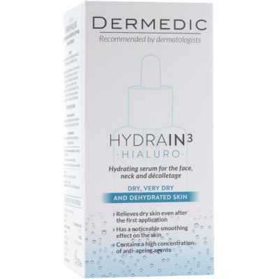 Сироватка для обличчя Dermedic Hydrain 3 Hialuro Зволожувальна для сухої шкіри обличчя, шиї та зони декольте 30 мл (5906739783199)