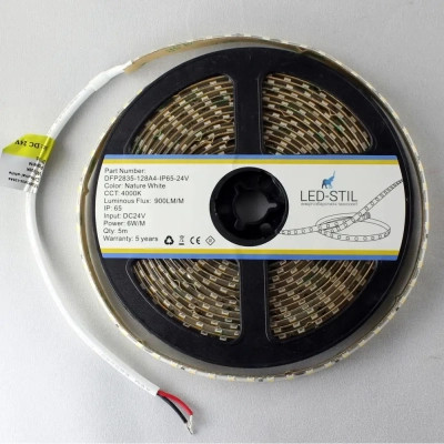 Світлодіодна стрічка LED-STIL 4000К 6 Вт/м 2835 128 діодів IP65 24 Вольта 900 lm нейтральне світло (DFP2835-128A4-IP65-24V)