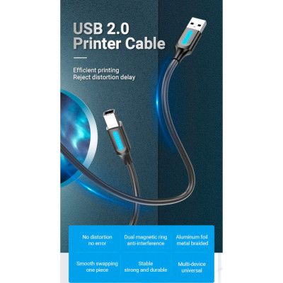 Кабель для принтера USB 2.0 AM/BM 3.0m 480Mbps PVC black Vention (COQBI)