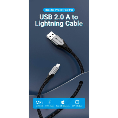 Дата кабель USB 2.0 AM to Lightning 2.0m 2.4A Aluminum Alloy Purple Vention (LABVH)