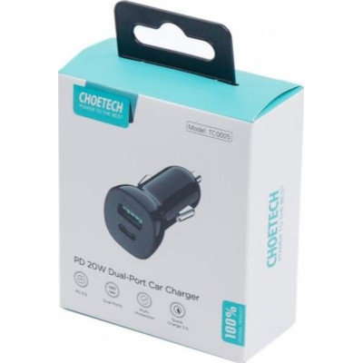 Зарядний пристрій Choetech 2xUSB 38W (USB-C+USB-A) PD 20W+QC3.0 18W black (TC0005-101-BK)