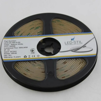 Світлодіодна стрічка LED-STIL 5000K 9 Вт/м COB 480 діодів IP33 24 Вольта 990 lm біле денне світло (UC5-24-480-8-90)