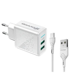 Зарядний пристрій Grand-X CH-60WT 2USB 5V 3.1A + USB-C cable (CH-60WT)