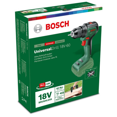 Шуруповерт Bosch UniversalDrill 18V-60, 18V, 60Нм, 0-500-0-1900об/хв (без АКБ та ЗП) (0.603.9D7.000)