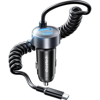 Зарядний пристрій Choetech 2xUSB 65W (1xUSB-C+1USB-A) PD 30W with spring Type-C cable 1.2M black (TC0030-BK)