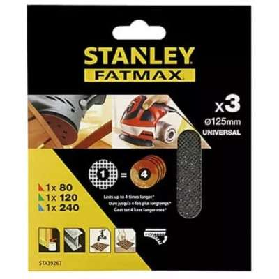Сітка абразивна Stanley шліфувальна для ексцентрика 125 мм, 3 листа, перетин 80,120,240, для KA198/199/191 (STA39267)