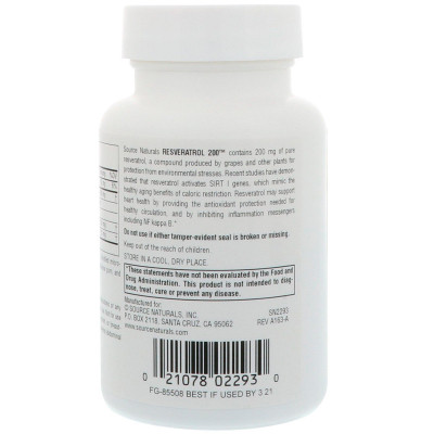 Антиоксидант Source Naturals Ресвератрол, Resveratrol, 200 мг, 60 таблеток (SN2293)