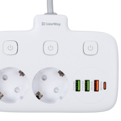 Мережевий фільтр живлення ColorWay 4 розетки/4USB White 1.8м (1QC3.0 + 3 AUTO ID) (CW-CHU44QW)