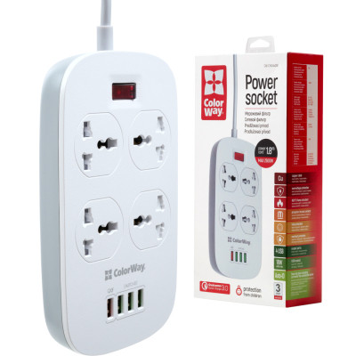 Мережевий фільтр живлення ColorWay 4 розетки/4USB White 1.8м (1QC3.0 + 3 AUTO ID) (CW-CHU44QW)