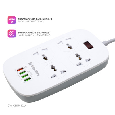 Мережевий фільтр живлення ColorWay 4 розетки/4USB White 1.8м (1QC3.0 + 3 AUTO ID) (CW-CHU44QW)