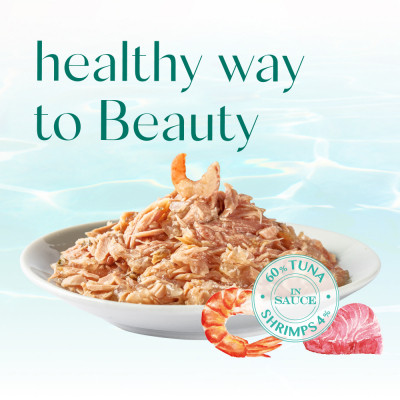 Консерви для котів Optimeal Beauty Fitness смугастий тунець у соусі з креветками 70 г (4820215366229)