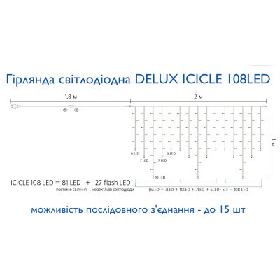 Гірлянда Delux ICICLE 108LED 2x1 м Жовтий flash Білий/Білий IP44 (90015177)