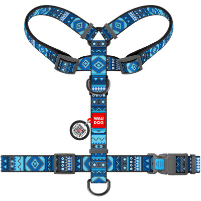 Шлея для собак WAUDOG Nylon з QR паспортом анатомічна H-подібна &quot;Етно синій&quot; S (5618)