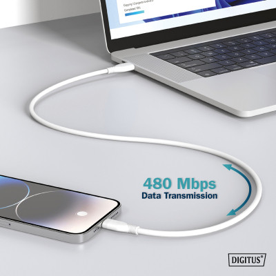 Дата кабель USB 2.0 AM to Type-C 1.0m 60W white Digitus (AK-300340-010-W)