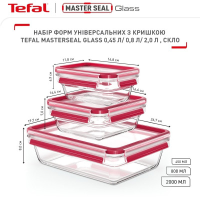 Харчовий контейнер Tefal Master Seal, Набір 3шт, жаростійке скло, прозорий (N1050910)