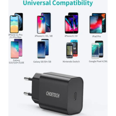 Зарядний пристрій Choetech 1xUSB 20W (1 USB-C) PD matte wall charger black (Q5004-EU-BK)