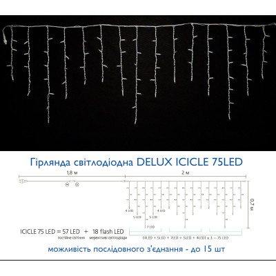 Гірлянда Delux ICICLE flash 75LED 2 х 0.7 м мульти/білий IP44 EN (90012956)
